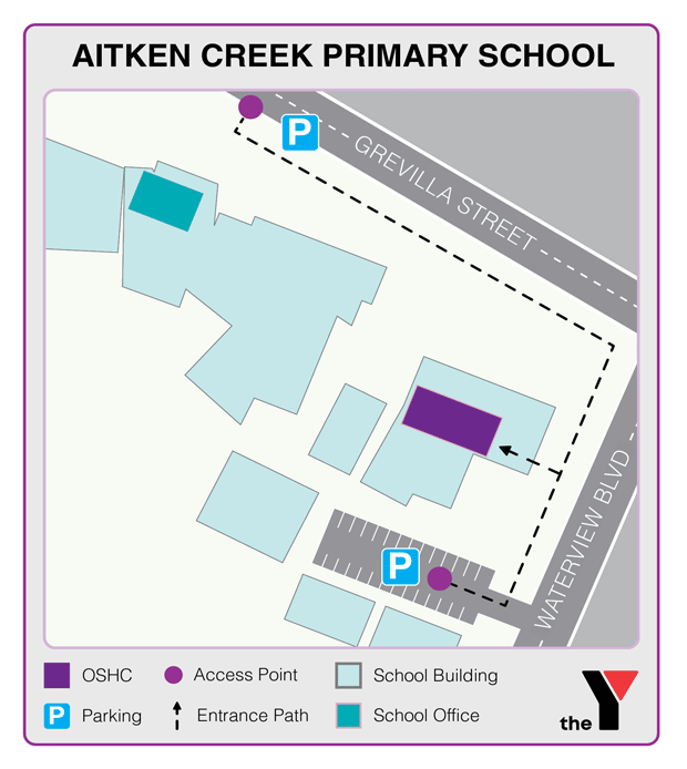 Map showing entrance and directions to Aitken Creek Primary Outside School Hours Care for parents to drop off and pick up kids