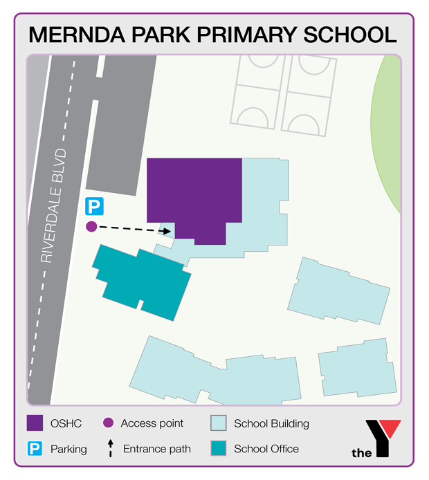 Map showing entrance and directions to Mernda Park Primary Outside School Hours Care for parents to drop off and pick up kids