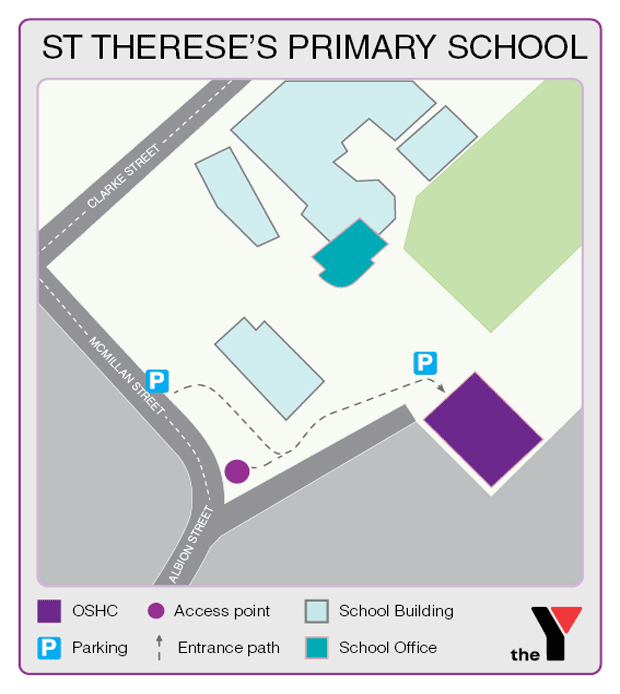 Map showing entrance and directions to St Therese's Primary Outside School Hours Care for parents to drop off and pick up kids