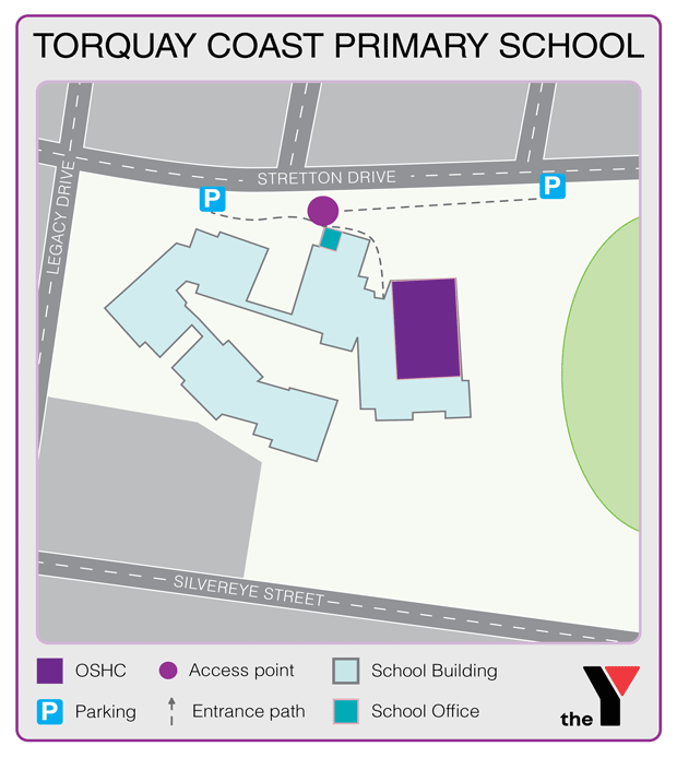 Map showing entrance and directions to Torquay Coast Primary Outside School Hours Care for parents to drop off and pick up kids