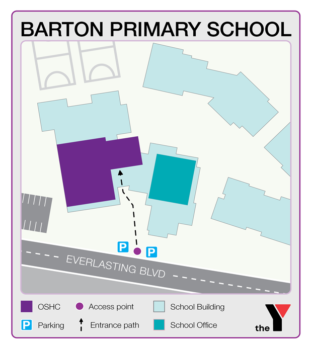 Map showing entrance and directions to Barton Primary School Outside School Hours Care for parents to drop off and pick up kids
