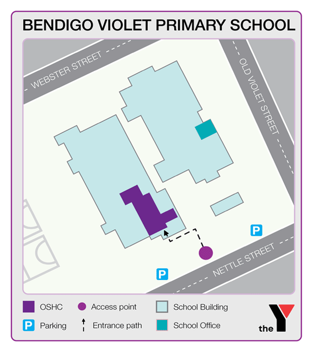 Map showing entrance and directions to Bendigo Violet Street Primary Outside School Hours Care for parents to drop off and pick up kids
