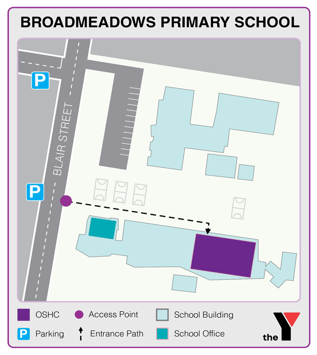 Map showing entrance and directions to Broadmeadows Primary Outside School Hours Care for parents to drop off and pick up kids