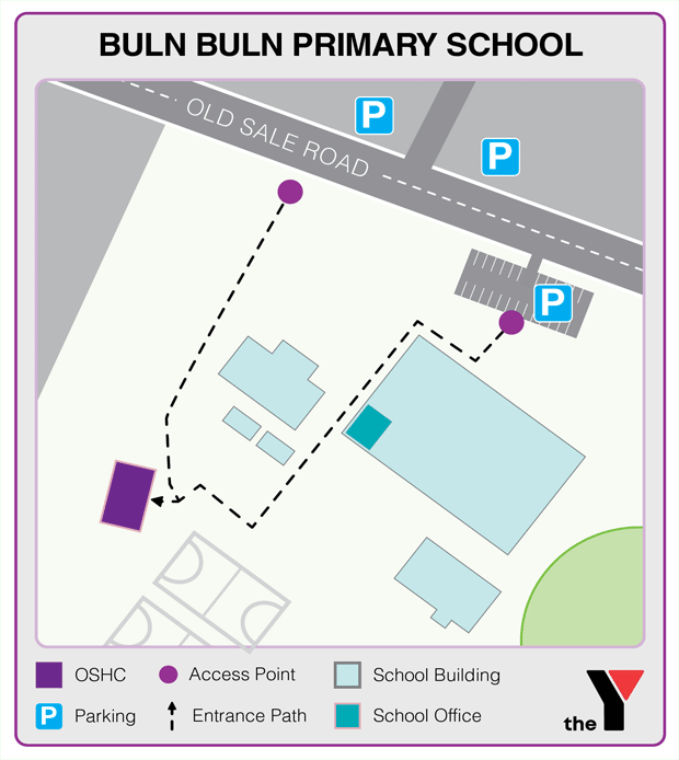 Map showing entrance and directions to Buln Buln Primary Outside School Hours Care where parents go to drop off and pick up kids