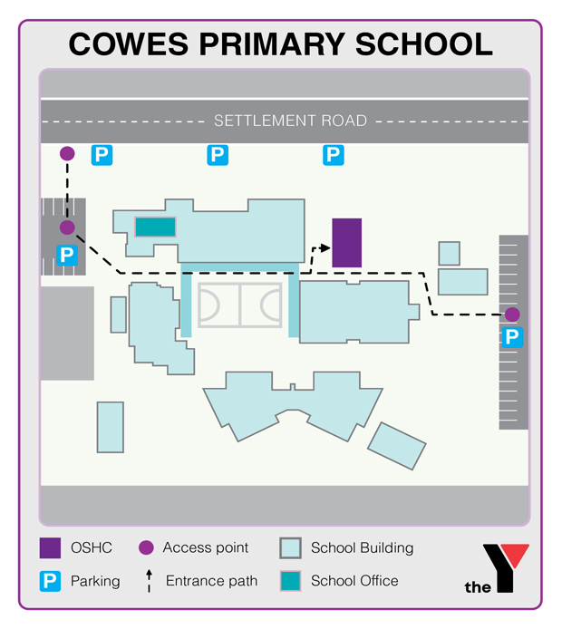 Map showing entrance and directions to Cowes Primary Outside School Hours Care for parents to drop off and pick up kids