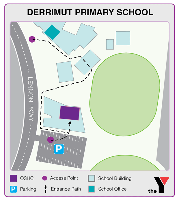 Map showing entrance and directions to Derrimut Primary Outside School Hours Care for parents to drop off and pick up kids