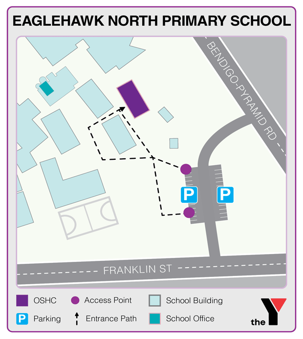 Map showing entrance and directions to Eaglehawk North Primary Outside School Hours Care where parents go to drop off and pick up kids