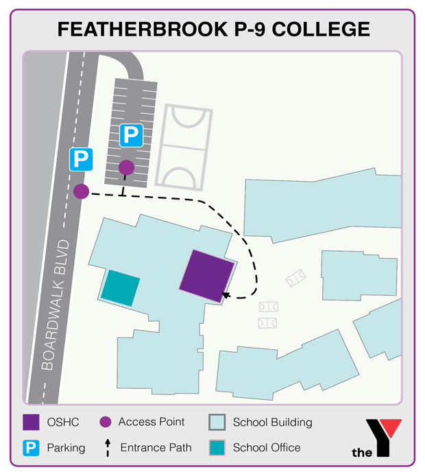Map showing entrance and directions to Featherbrook P-9 College Outside School Hours Care for parents to drop off and pick up kids