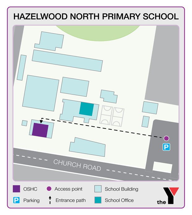 Map showing entrance and directions to Hazelwood North Primary School Outside School Hours Care for parents to drop off and pick up kids