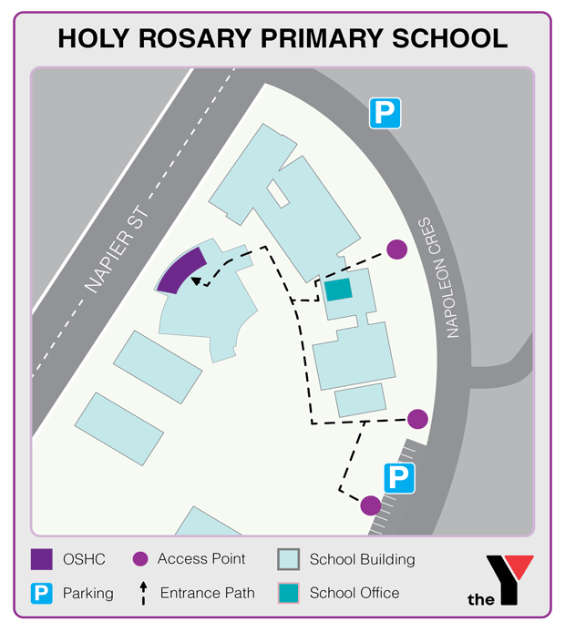 Map showing entrance and directions to Holy Rosary Primary Outside School Hours Care where parents go to drop off and pick up kids
