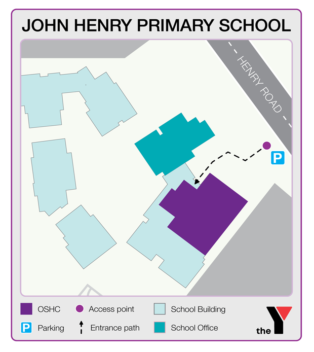 Map showing entrance and directions to John Henry Primary School Outside School Hours Care for parents to drop off and pick up kids
