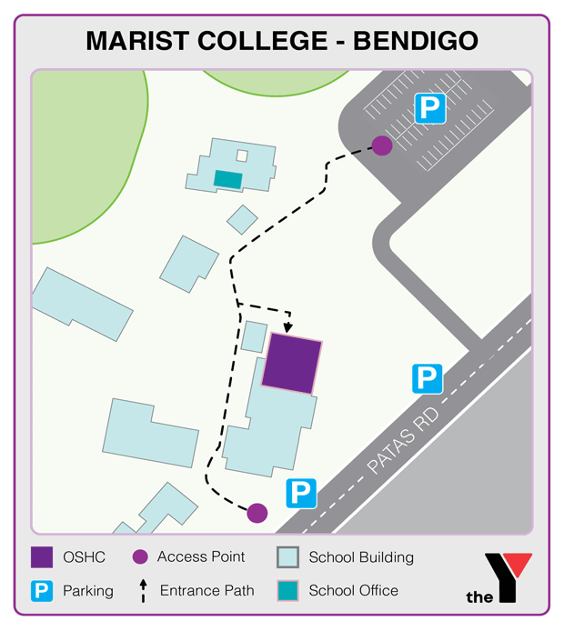 Map showing entrance and directions to Marist College Bendigo Outside School Hours Care where parents go to drop off and pick up kids