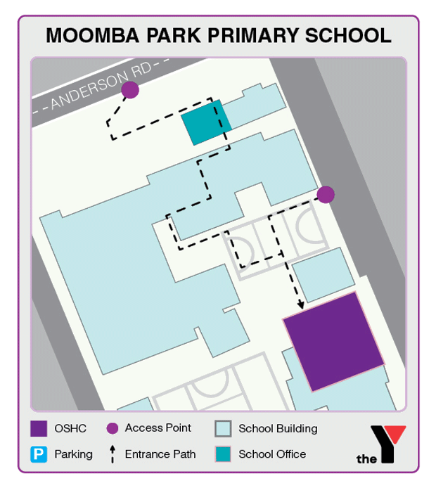 Map showing entrance and directions to Moomba Park Primary Outside School Hours Care for parents to drop off and pick up kids