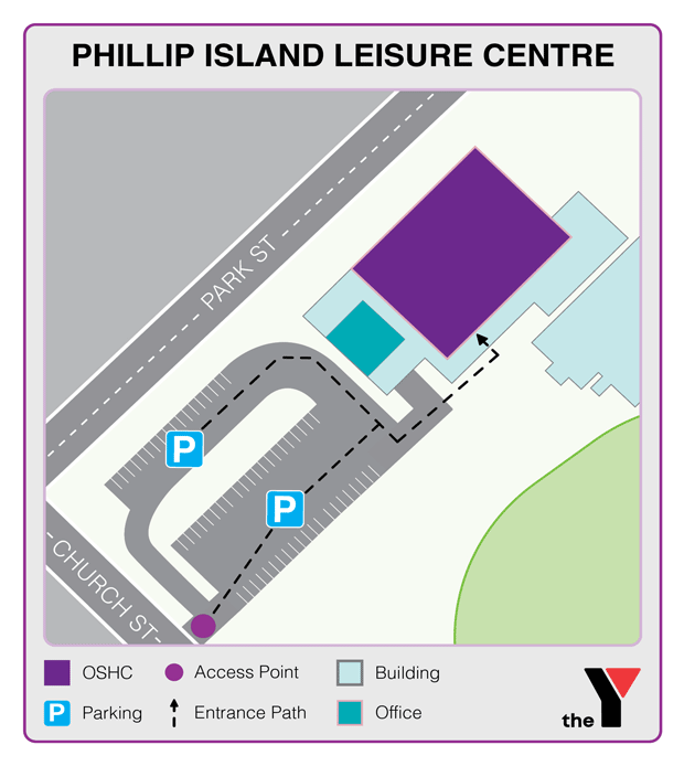 Map showing entrance and directions to Phillip Island Leisure Centre Holiday Program for parents to drop off and pick up kids