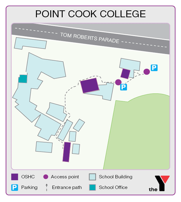 Map showing entrance and directions to Point Cook College Outside School Hours Care for parents to drop off and pick up kids