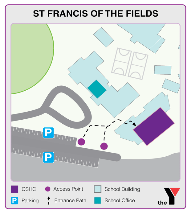 Map showing entrance and directions to St Francis of the Fields Primary Bendigo Outside School Hours Care where parents go to drop off and pick up kids