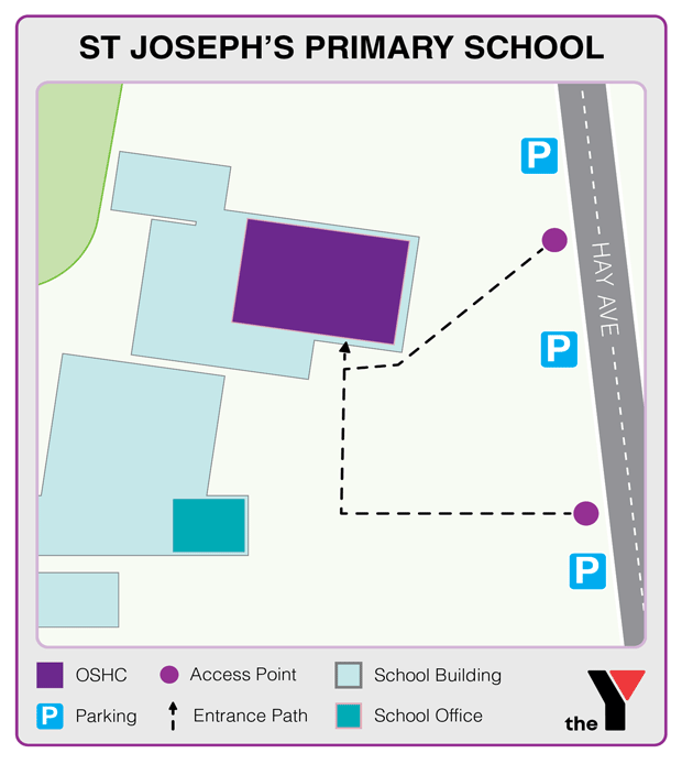 Map showing entrance and directions to St Joseph's Cobram Primary Outside School Hours Care where parents go to drop off and pick up kids