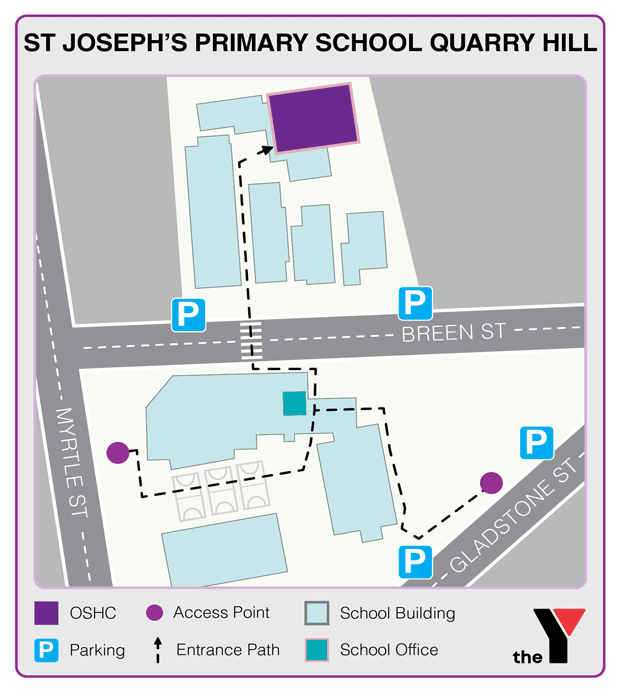Map showing entrance and directions to St Joseph's Quarry Hill Bendigo Primary Outside School Hours Care where parents go to drop off and pick up kids