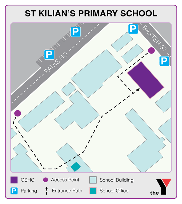 Map showing entrance and directions to St Kilian's Primary Bendigo Outside School Hours Care where parents go to drop off and pick up kids