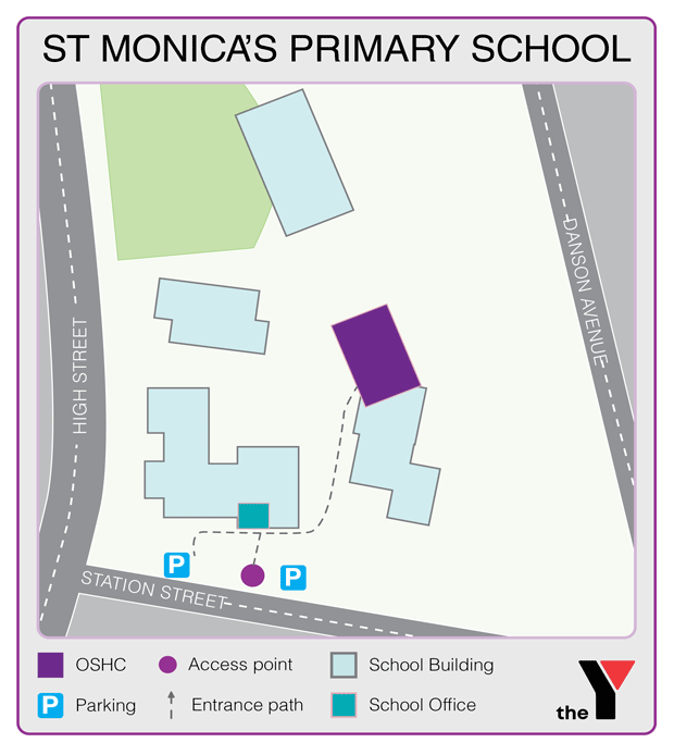Map showing entrance and directions to St Monica's Primary Bendigo Outside School Hours Care for parents to drop off and pick up kids