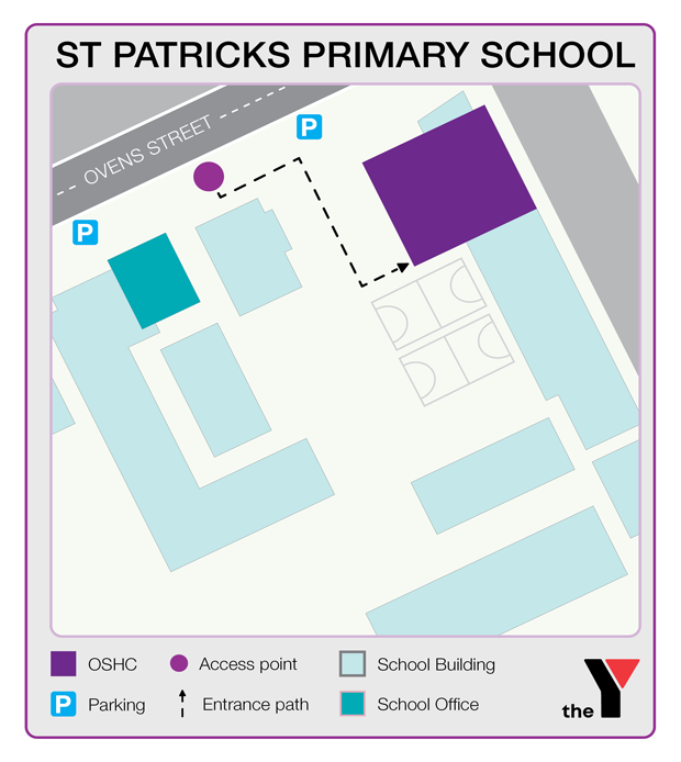 Map showing entrance and directions to St Patricks Primary School Outside School Hours Care for parents to drop off and pick up kids