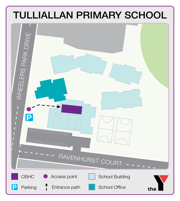 Map showing entrance and directions to Tulliallan Primary School Outside School Hours Care for parents to drop off and pick up kids