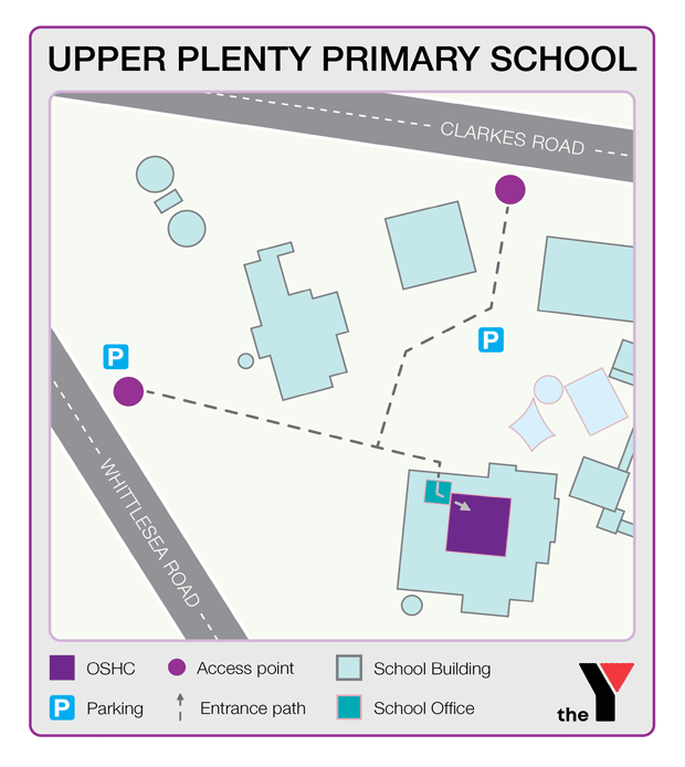 Map showing entrance and directions to Upper Plenty Primary School Outside School Hours Care for parents to drop off and pick up kids