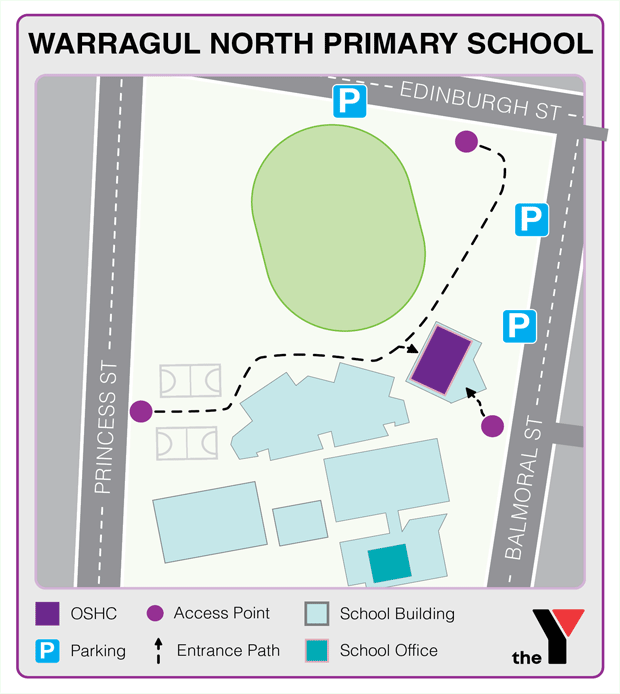 Map showing entrance and directions to Warragul North Primary Outside School Hours Care where parents go to drop off and pick up kids