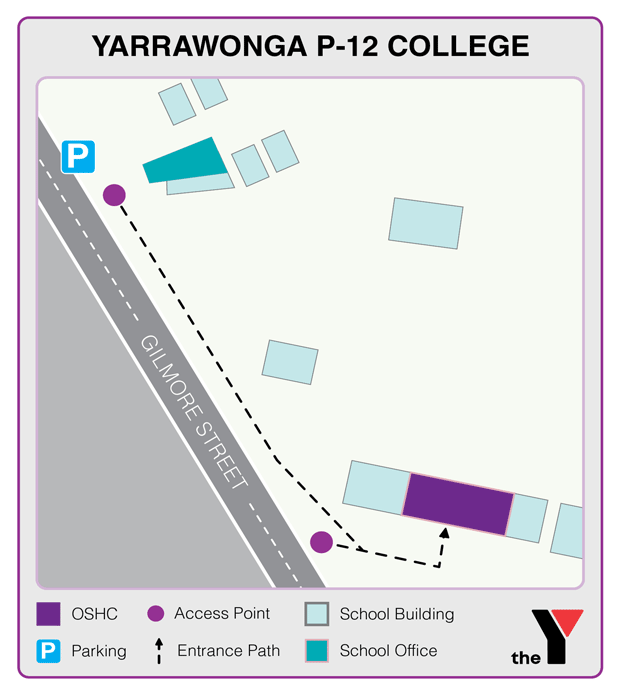 Map showing entrance and directions to Yarrawonga College P-12 Outside School Hours Care where parents go to drop off and pick up kids