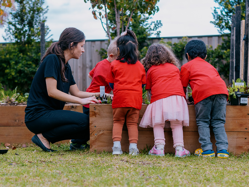 Kindergarten educator teaching children in the early learning centre garden