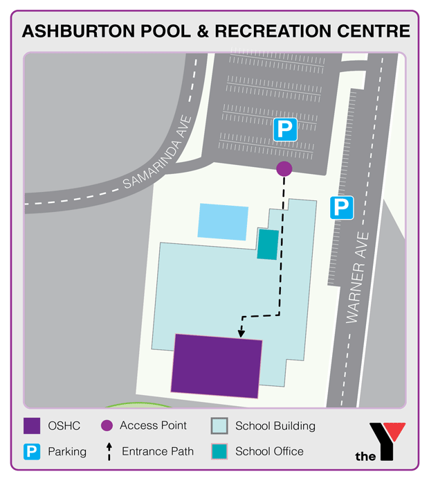 Map showing entrance and directions to Ashburton Pool and Recreation Centre Holiday Program for parents to drop off and pick up kids