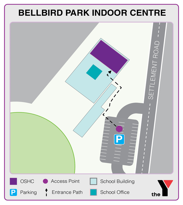 Map showing entrance and directions to Drouin Bellbird Park Indoor Centre Holiday Program for parents to drop off and pick up kids
