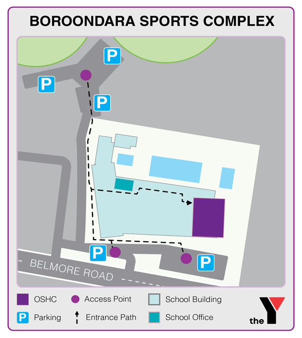 Map showing entrance and directions to Boroondara Sports Complex Holiday Program for parents to drop off and pick up kids