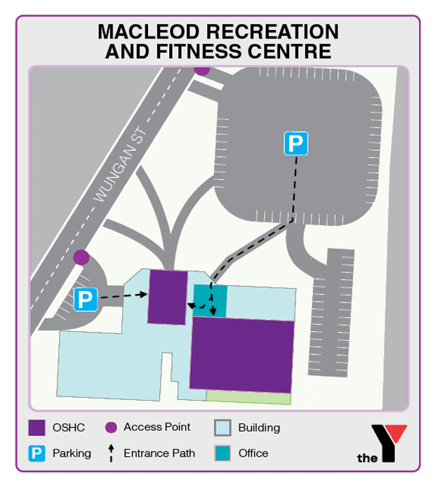Map showing entrance and directions to Macleod Recreation and Fitness Centre Holiday Program for parents to drop off and pick up kids
