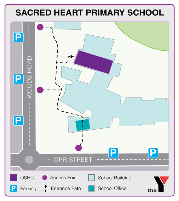 Map showing entrance and directions to Sacred Heart Yarrawonga Outside School Hours Care for parents to drop off and pick up kids